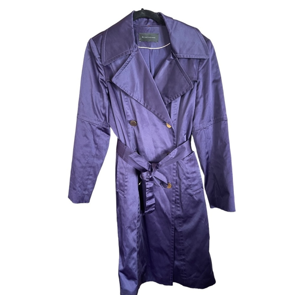 Elie Tahari Signature Satin Trench Coat Purple with Gold Buttons 6‎